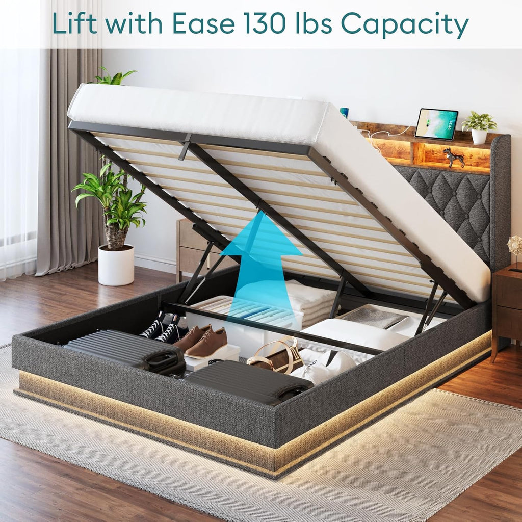 Cadre de lit Queen size avec rangement, hydraulique, sans sommier, lattes en bois