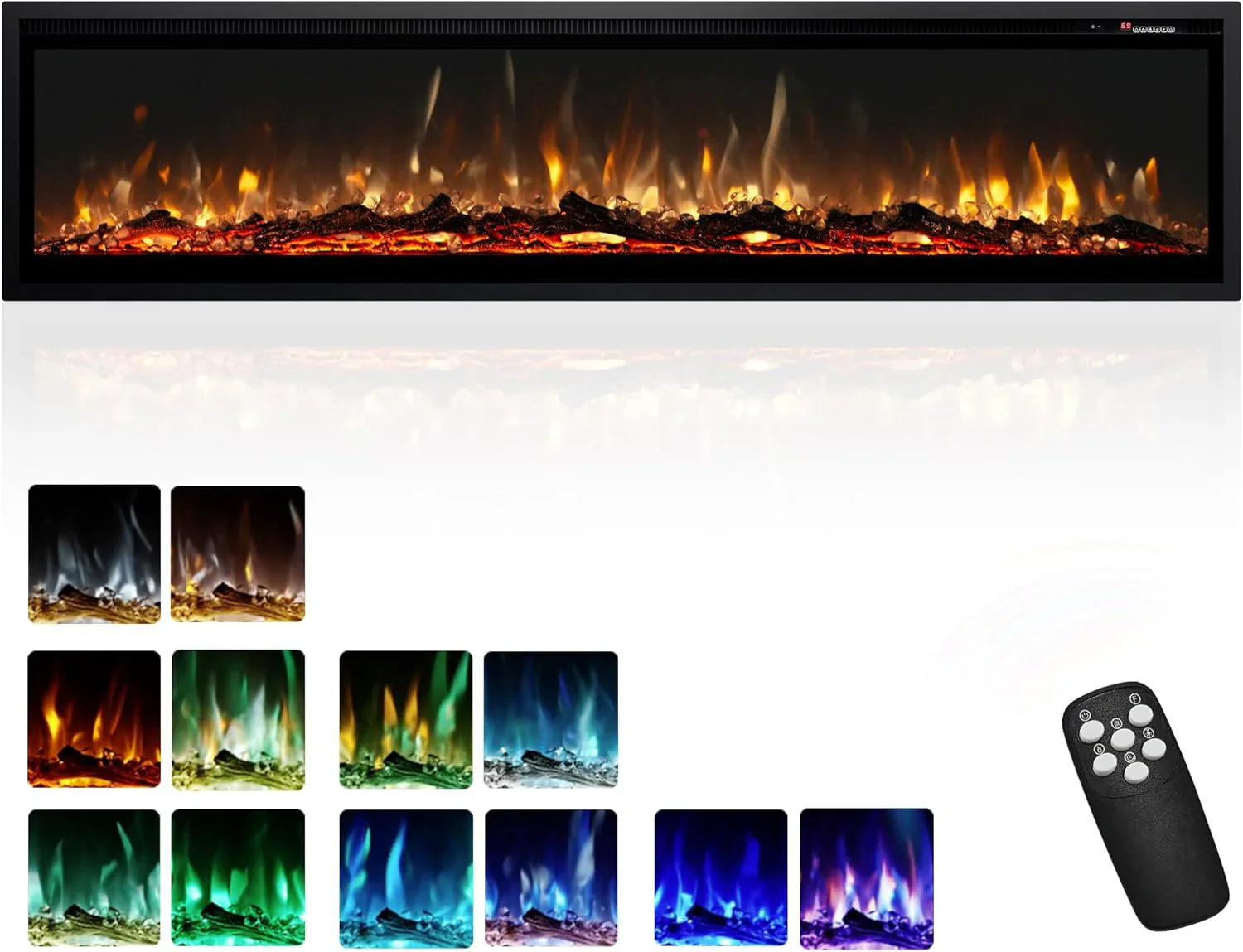 EUHOMY Cheminée électrique encastrée et murale de 50 pouces avec couleur de flamme réglable, chauffage de cheminée avec télécommande, cheminée linéaire avec minuterie, écran tactile, bûche et cristal, 750/1500 W