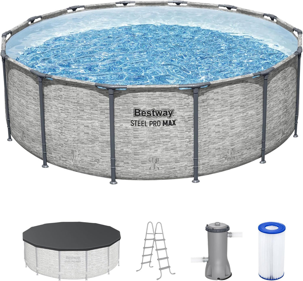 Piscine hors sol extérieure ronde Steel Pro MAX de 4,2 m x 122 cm avec cadre métallique et pompe de filtration de 1 000 litres, échelle et bâche