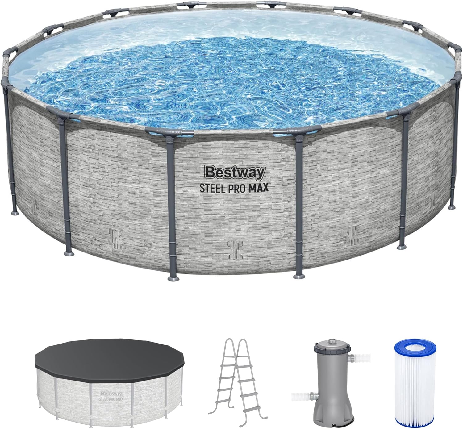 Piscine hors sol extérieure ronde Steel Pro MAX de 4,2 m x 122 cm avec cadre métallique et pompe de filtration de 1 000 litres, échelle et bâche