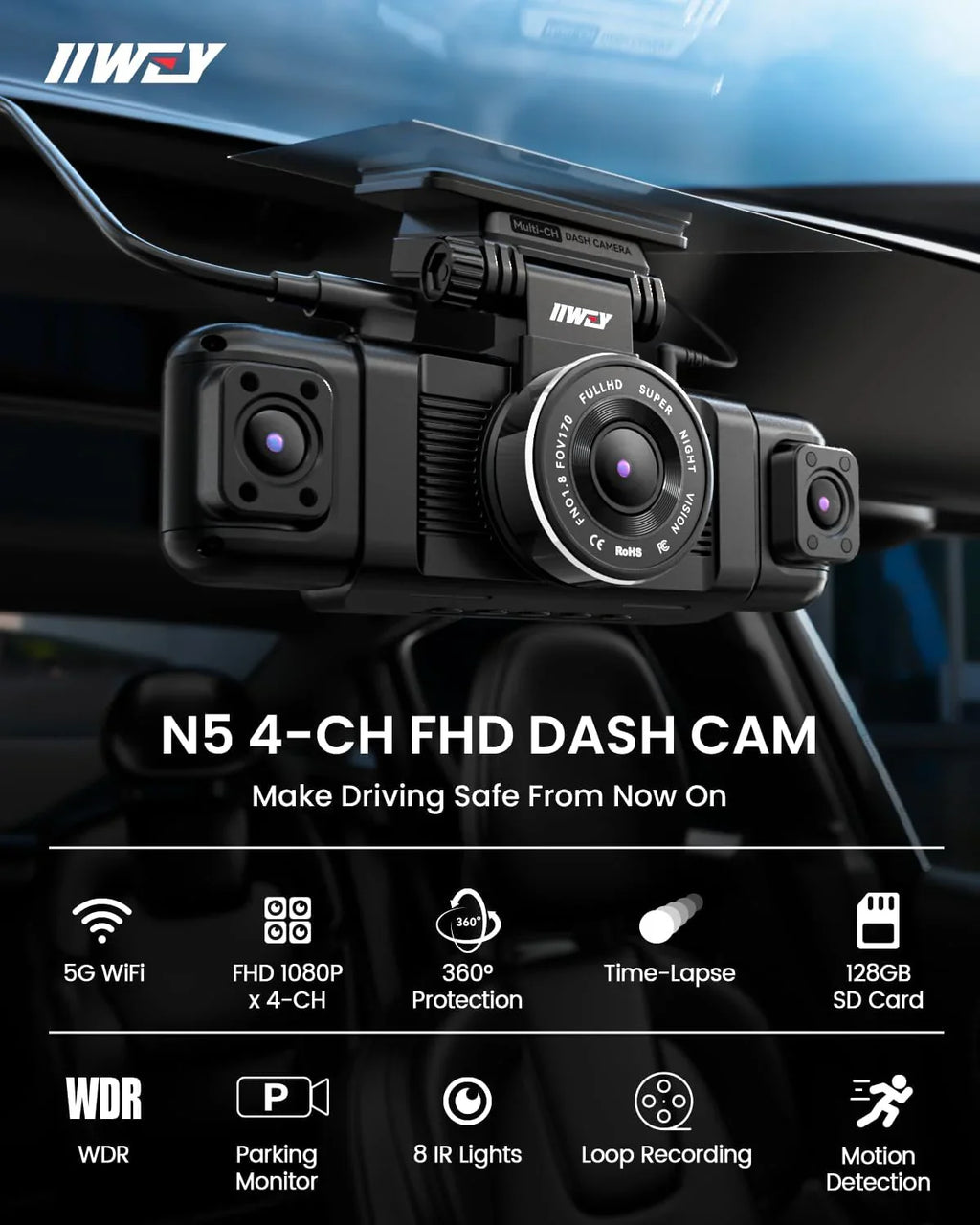 Channel Dashcam met 360° beeld, 1080p resolutie, 8 infraroodlampen voor nachtzicht, 5G wifi en app-bediening, accelerometer, parkeermodus en een gratis 128GB SD-kaart. 