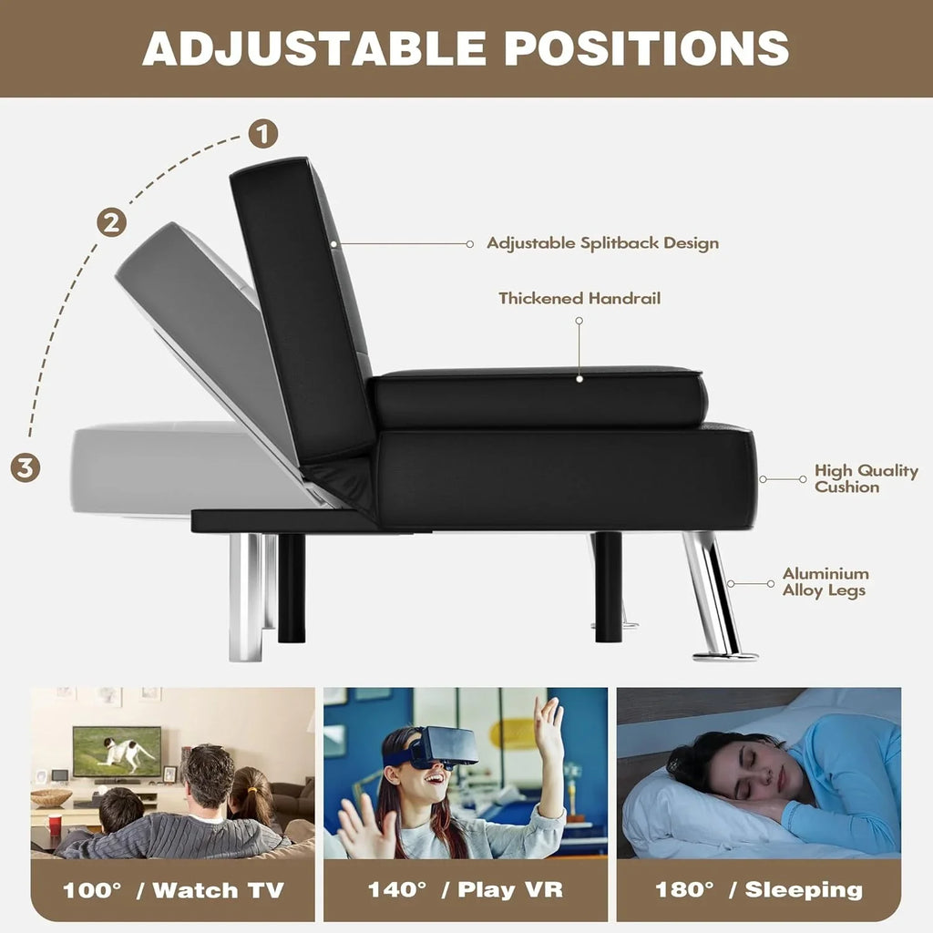 Canapé-lit futon Homall, canapé-lit futon en cuir avec accoudoirs amovibles, canapé-lit inclinable réglable avec deux porte-gobelets pour salon et appartement