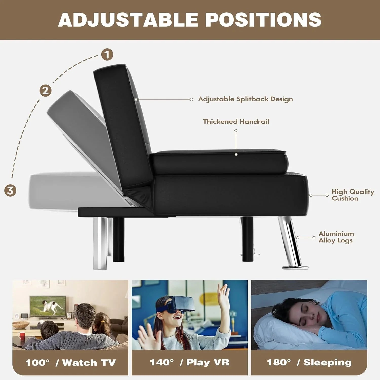 Canapé-lit futon Homall, canapé-lit futon en cuir avec accoudoirs amovibles, canapé-lit inclinable réglable avec deux porte-gobelets pour salon et appartement