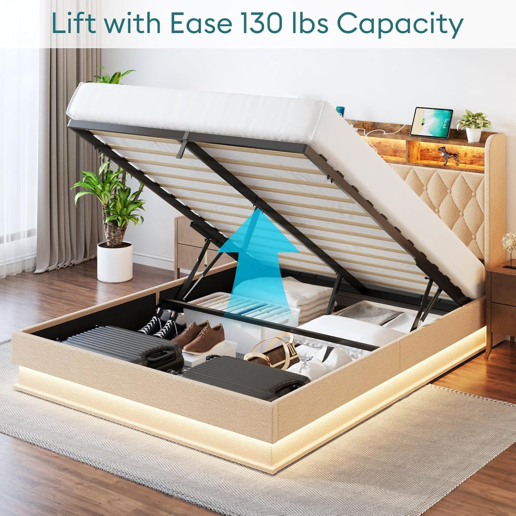 Cadre de lit Queen size avec rangement, hydraulique, sans sommier, lattes en bois