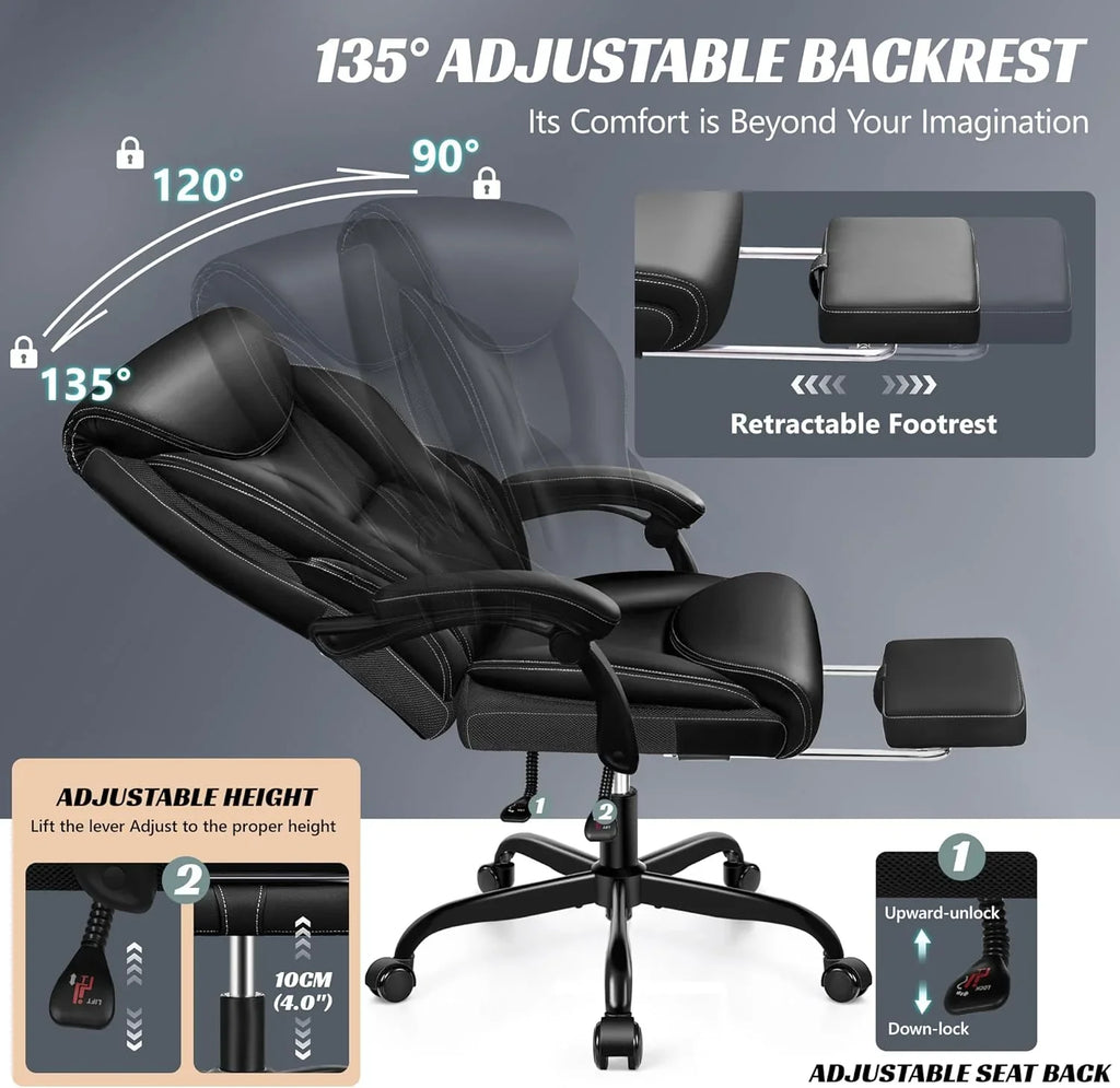 Chaise de bureau pivotante à pieds hauts, en cuir respirant, avec support lombaire