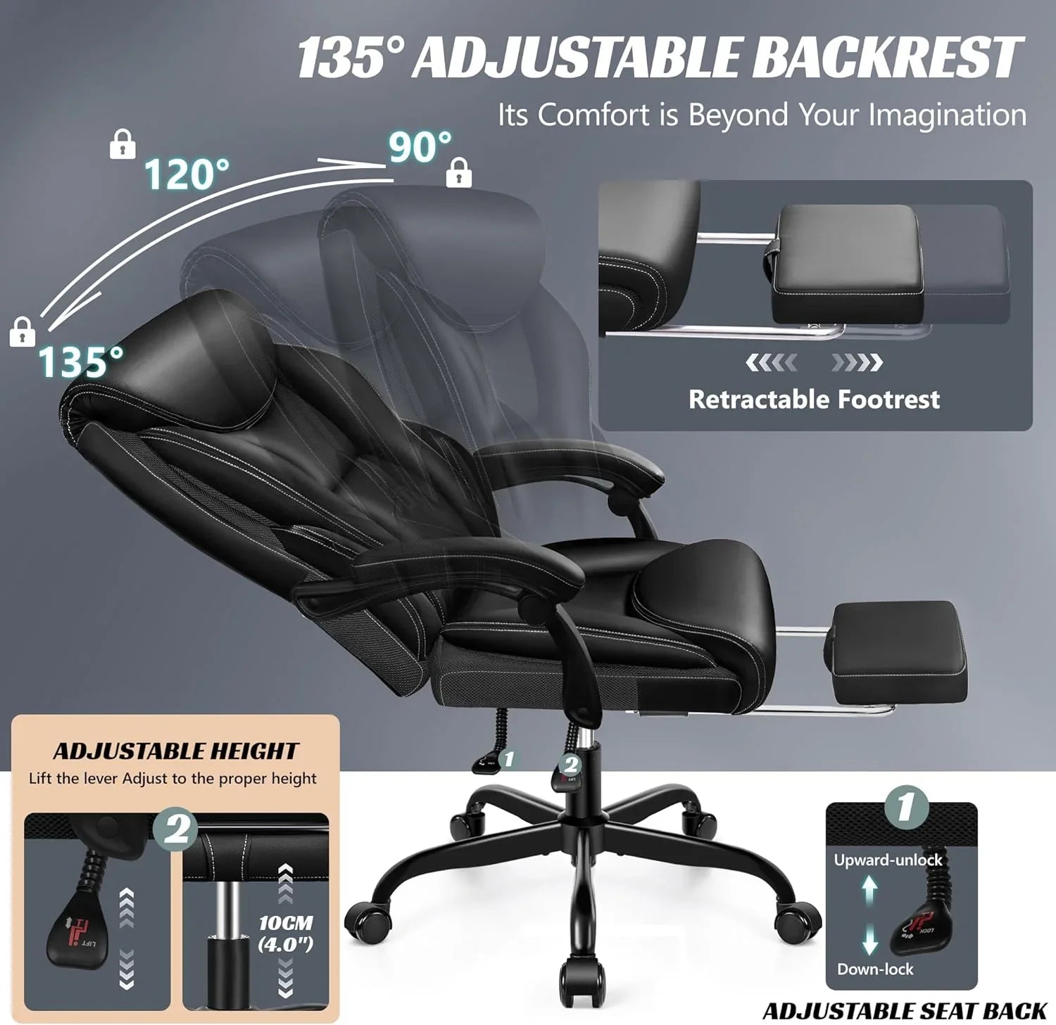 Chaise de bureau pivotante à pieds hauts, en cuir respirant, avec support lombaire