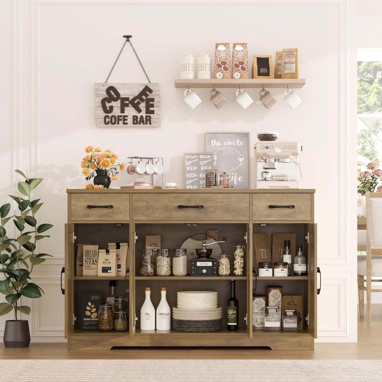 Buffet avec tiroirs, grand buffet de 55 pouces, rangement de buffet avec étagères et portes, table à manger de cuisine en bois de bar à café de ferme moderne