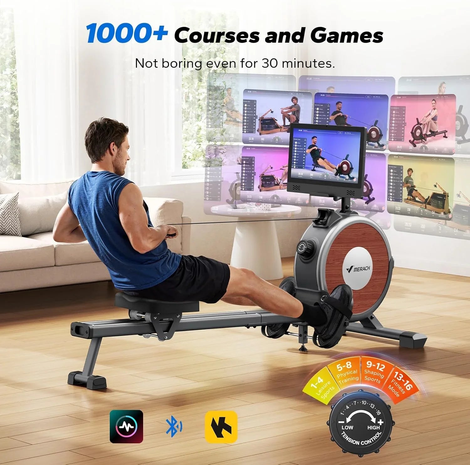 Rameur domestique Merachi à résistance silencieuse et double glissière