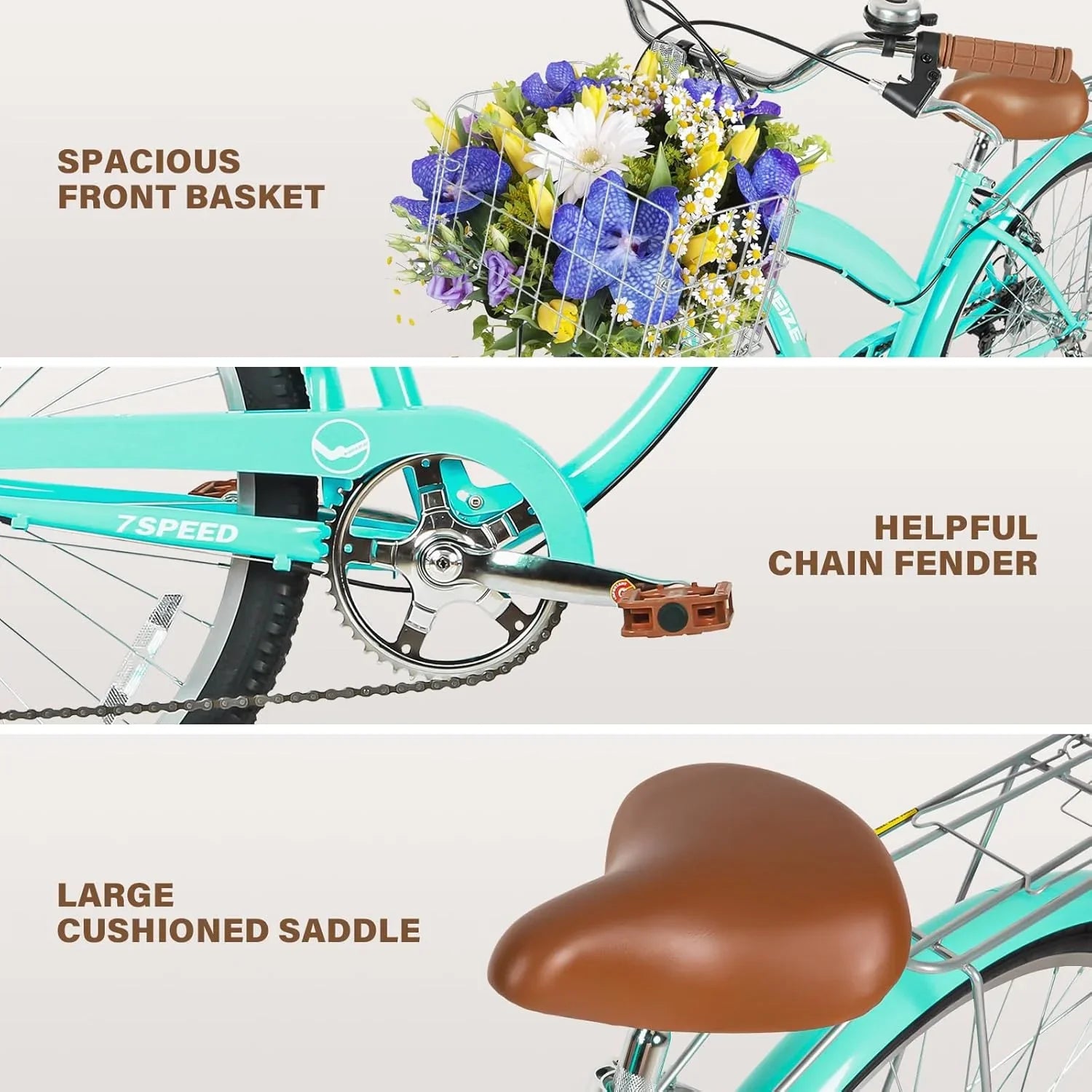 Vélo de plage WEIZE, vélo de ville adulte 26 pouces pour hommes et femmes, 7 vitesses, acier à haute teneur en carbone, garde-boue avant et arrière, vélo de ville confortable