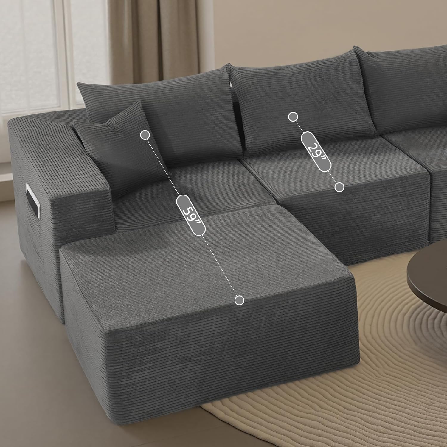 Cloud sofa with L-shaped lounge chair, modern modular sofa with deep seats