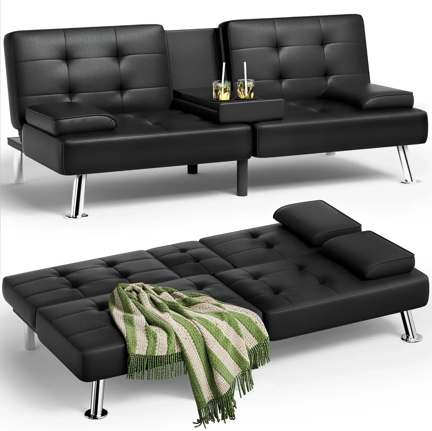 Canapé-lit futon Homall, canapé-lit futon en cuir avec accoudoirs amovibles, canapé-lit inclinable réglable avec deux porte-gobelets pour salon et appartement
