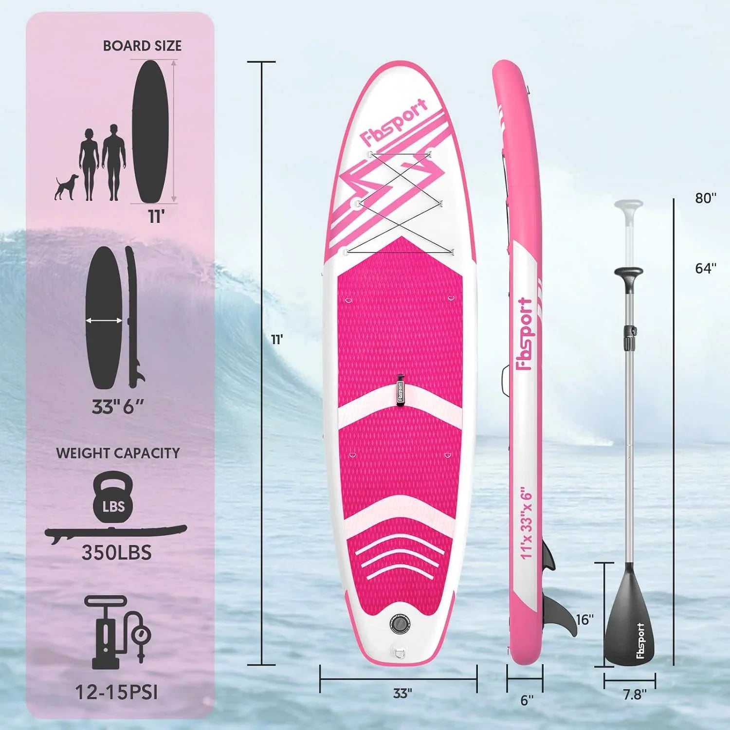 Planche de stand up paddle FBSPORT Premium 11', planche de yoga, contrôle du surf, pont antidérapant, attache, pagaie et pompe