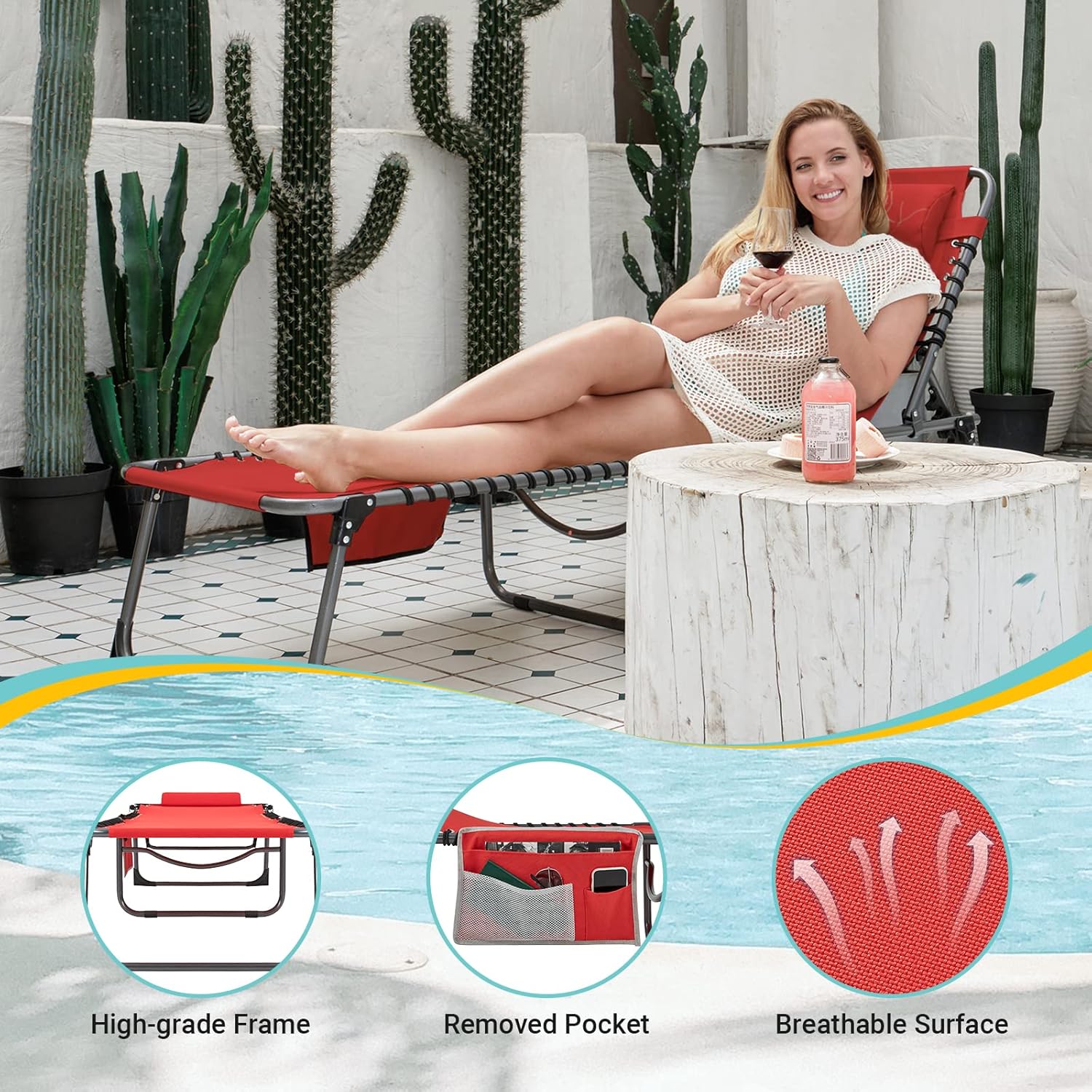 Lot de 2 chaises longues d'extérieur - Chaise longue pliante portable pour patio, piscine, camping, inclinable et réglable sur 5 positions