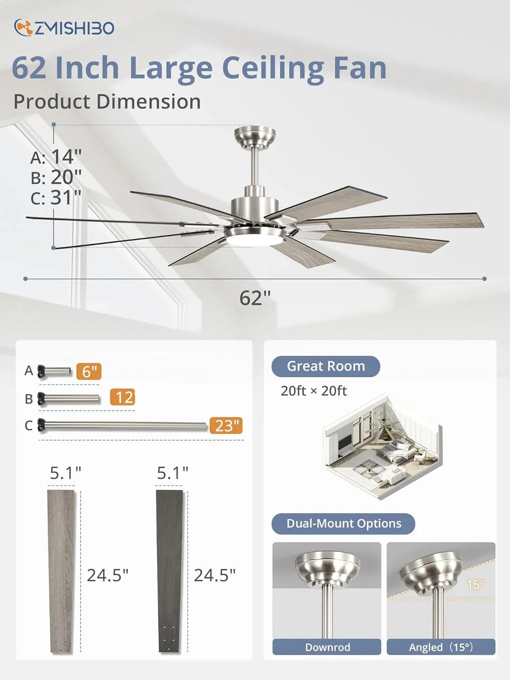 Grand ventilateur de plafond Zmishibo de 72 pouces avec éclairage et télécommande intérieur/extérieur