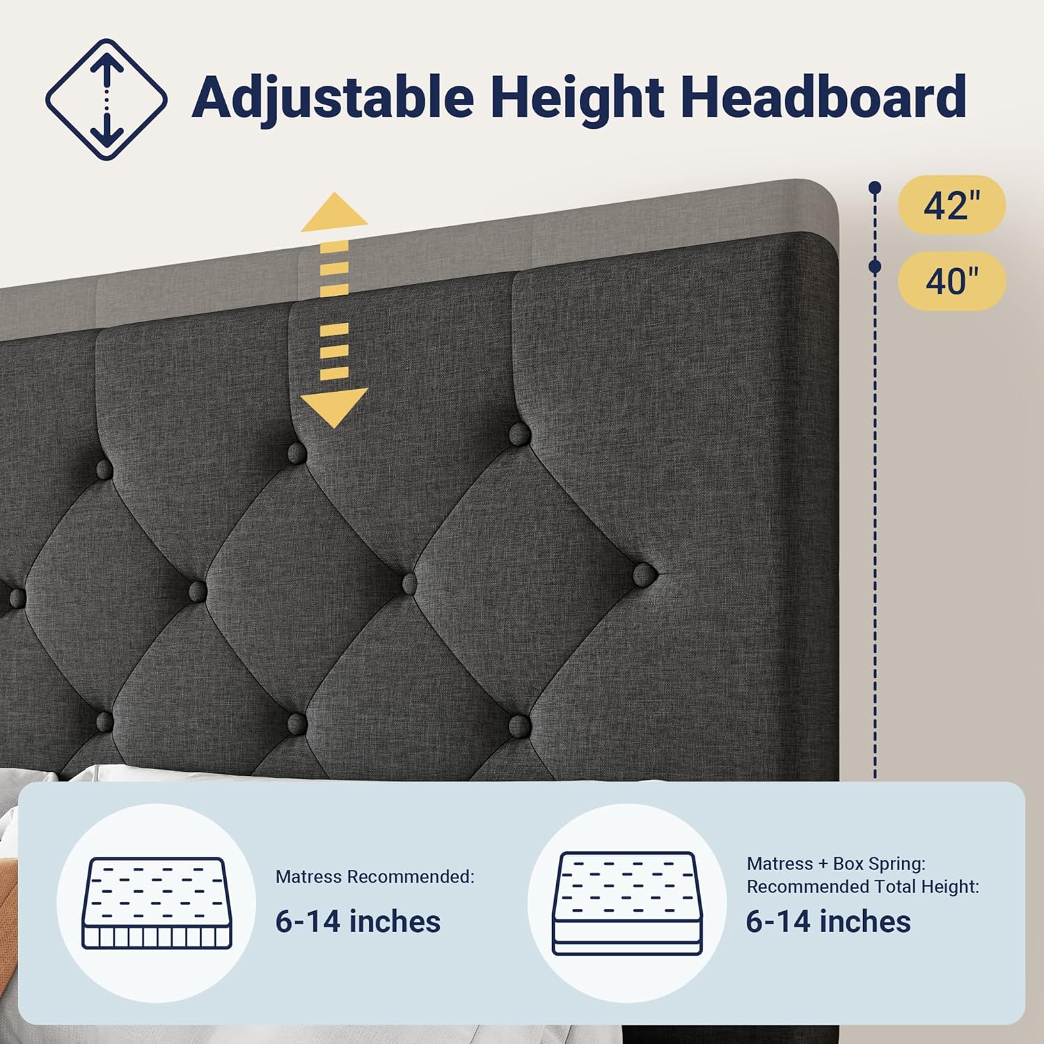 Cadre de lit plateforme Allewie rembourré Queen Size avec 4 tiroirs de rangement et tête de lit, capitonné à boutons à coutures carrées, sommier à lattes en bois, pas besoin de sommier.