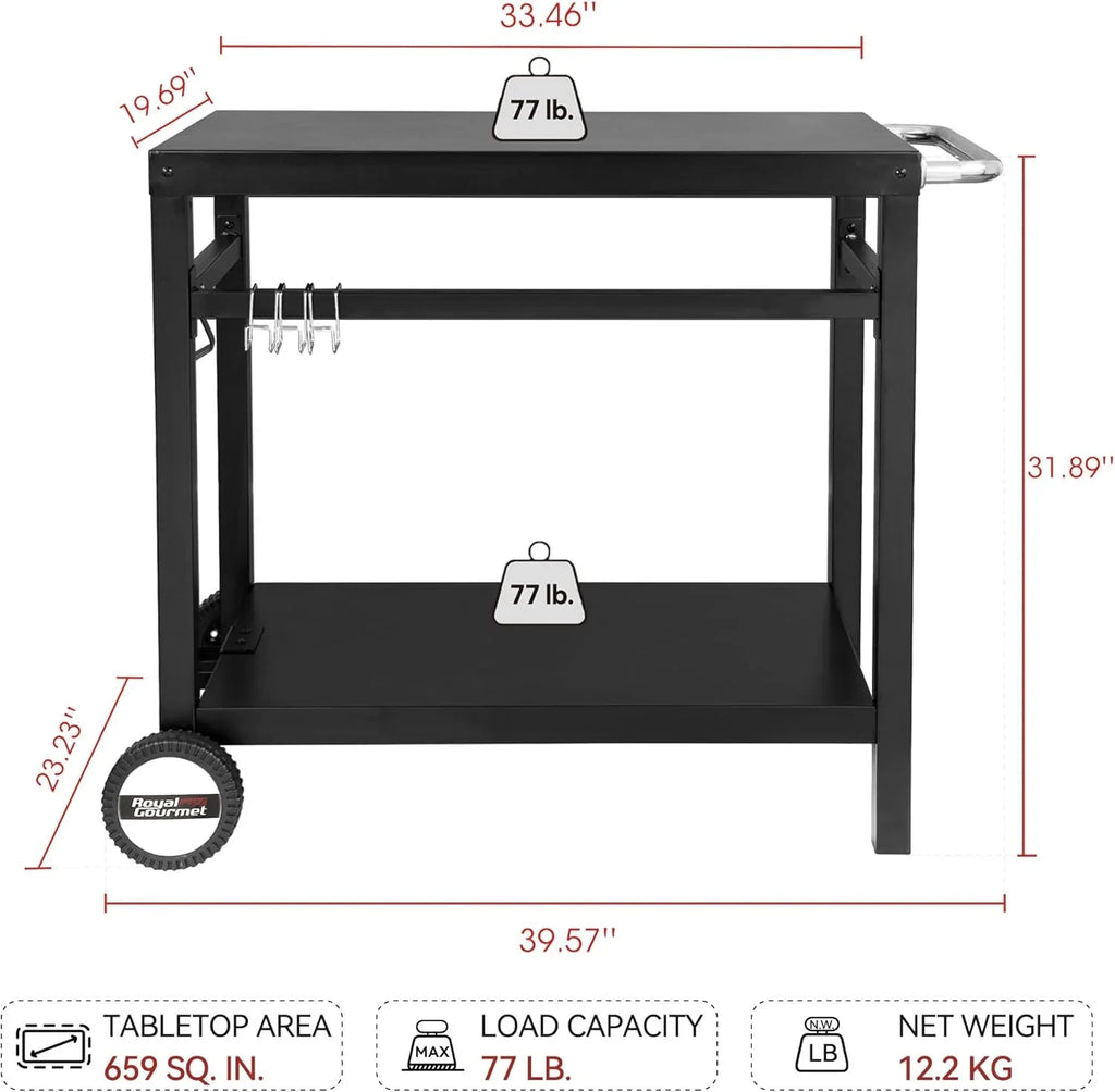 Table à manger Royal Gourmet avec double étagères, chariot de barbecue mobile en acier inoxydable, crochets et poignées latérales