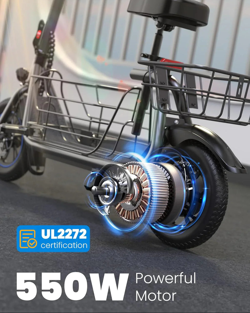 Trottinette électrique Gyroor pour adulte avec grand panier central, autonomie de 32 km, pliable et siège