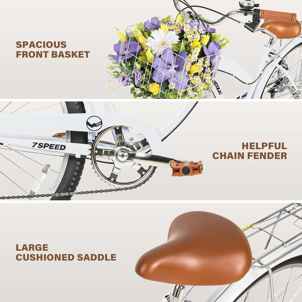 Vélo de plage WEIZE, vélo de ville adulte 26 pouces pour hommes et femmes, 7 vitesses, acier à haute teneur en carbone, garde-boue avant et arrière, vélo de ville confortable