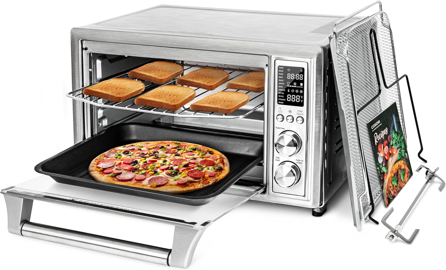 Friteuse à air 11 en 1 COSORI, d'une capacité de 13 litres, combinant grillades, toasts, pâtisseries et réchauffages. Recettes et 6 accessoires inclus.