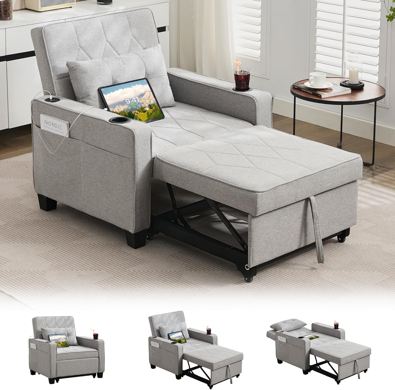 Fauteuil convertible pour adulte, canapé-lit gigogne 3 en 1 avec ports USB/Type-C, porte-gobelets, poches latérales, canapé simple