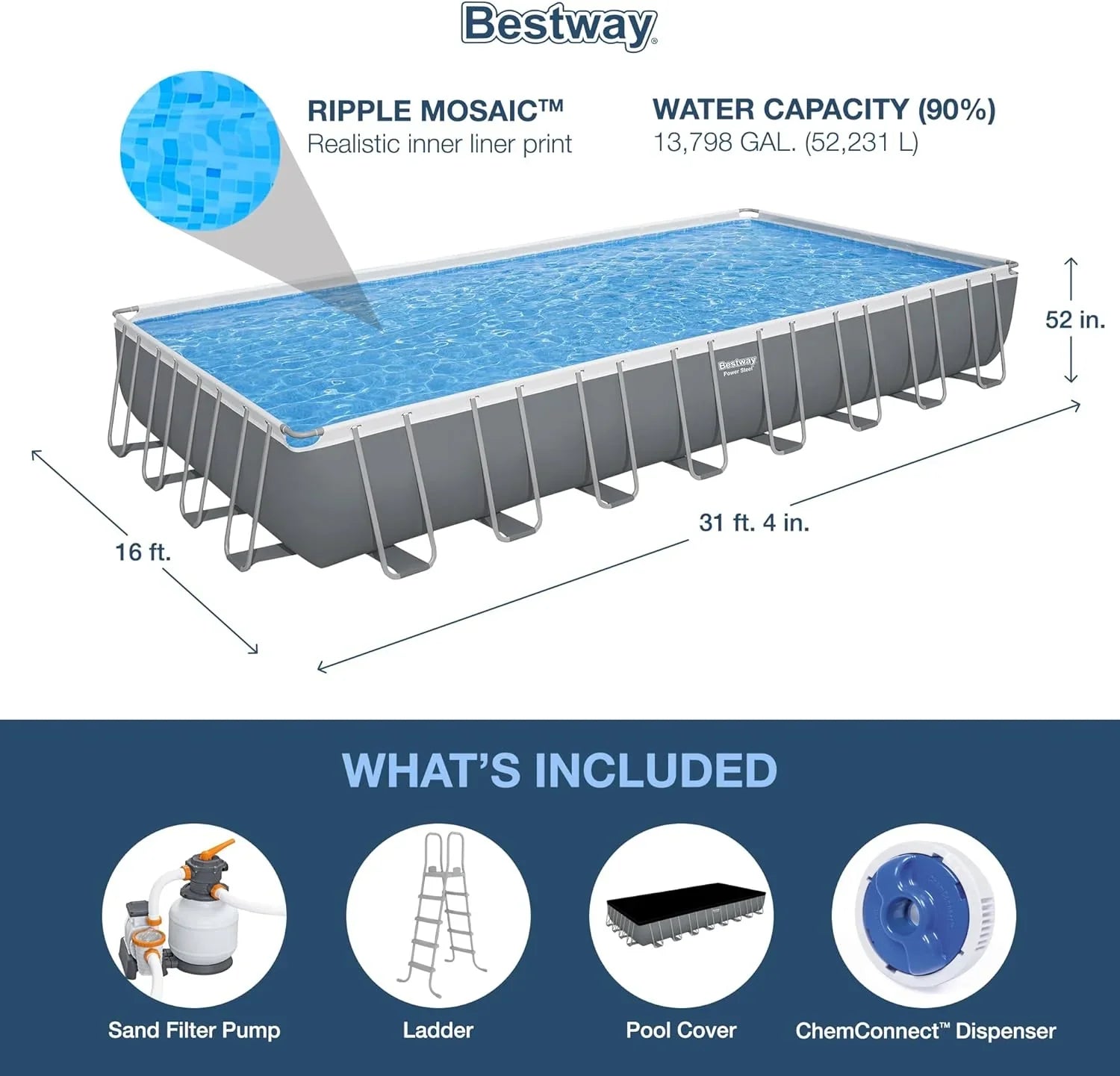 Piscine hors sol ovale Power Steel 4,3 m x 2,4 m x 100 cm | Comprend une pompe de filtration de 2070 litres, une échelle et un distributeur ChemConnect.
