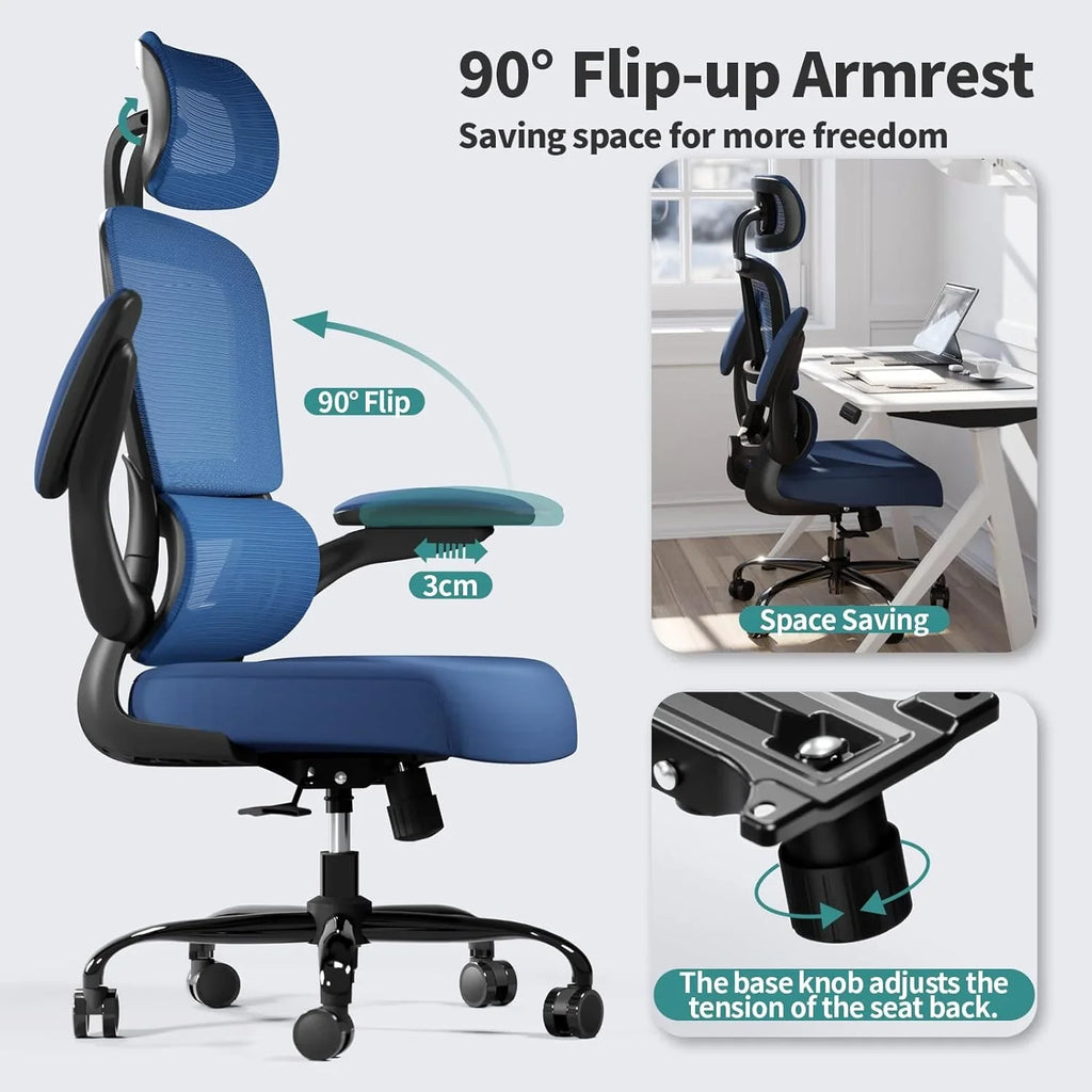 Chaise de bureau ergonomique, chaise de bureau en maille avec roulettes, capacité de charge de 150 kg, chaise de jeu confortable, dossier haut