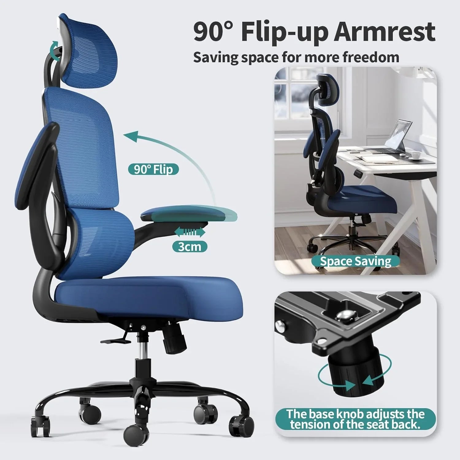 Chaise de bureau ergonomique, chaise de bureau en maille avec roulettes, capacité de charge de 150 kg, chaise de jeu confortable, dossier haut