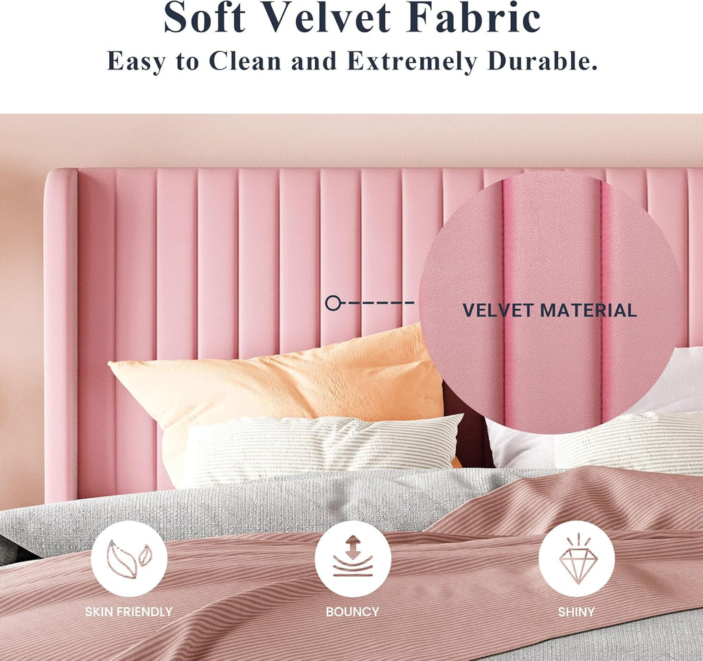 Cadre de lit Allewie en velours pleine grandeur/tête de lit capitonnée à oreilles verticales/lit plateforme rembourré/lattes en bois robustes