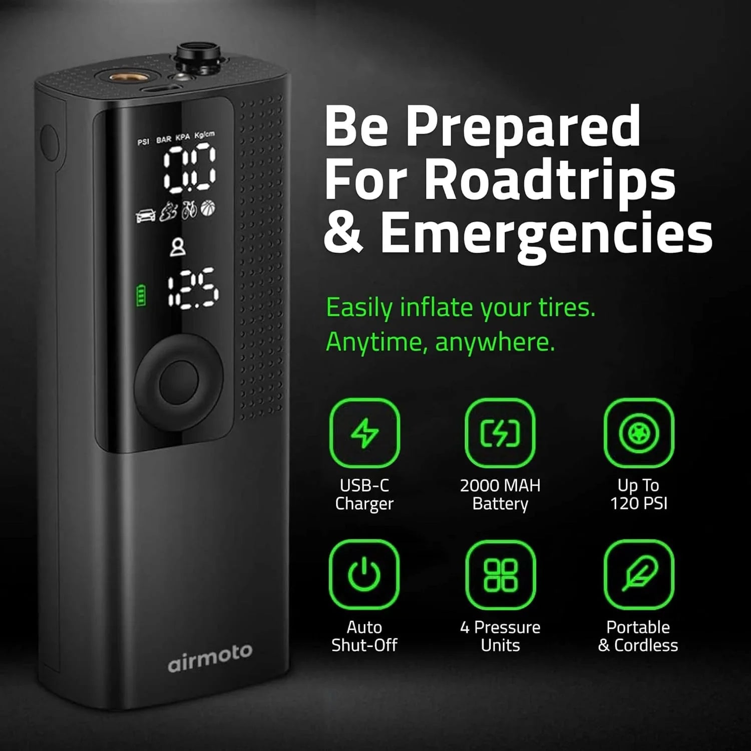 Offre groupée Power Kit - Pack de 2 - Compresseur d'air portable pour pneus avec kit d'alimentation pour recharge à domicile et en déplacement - Pompe à air sans fil pour pneus de voiture, motos et vélos