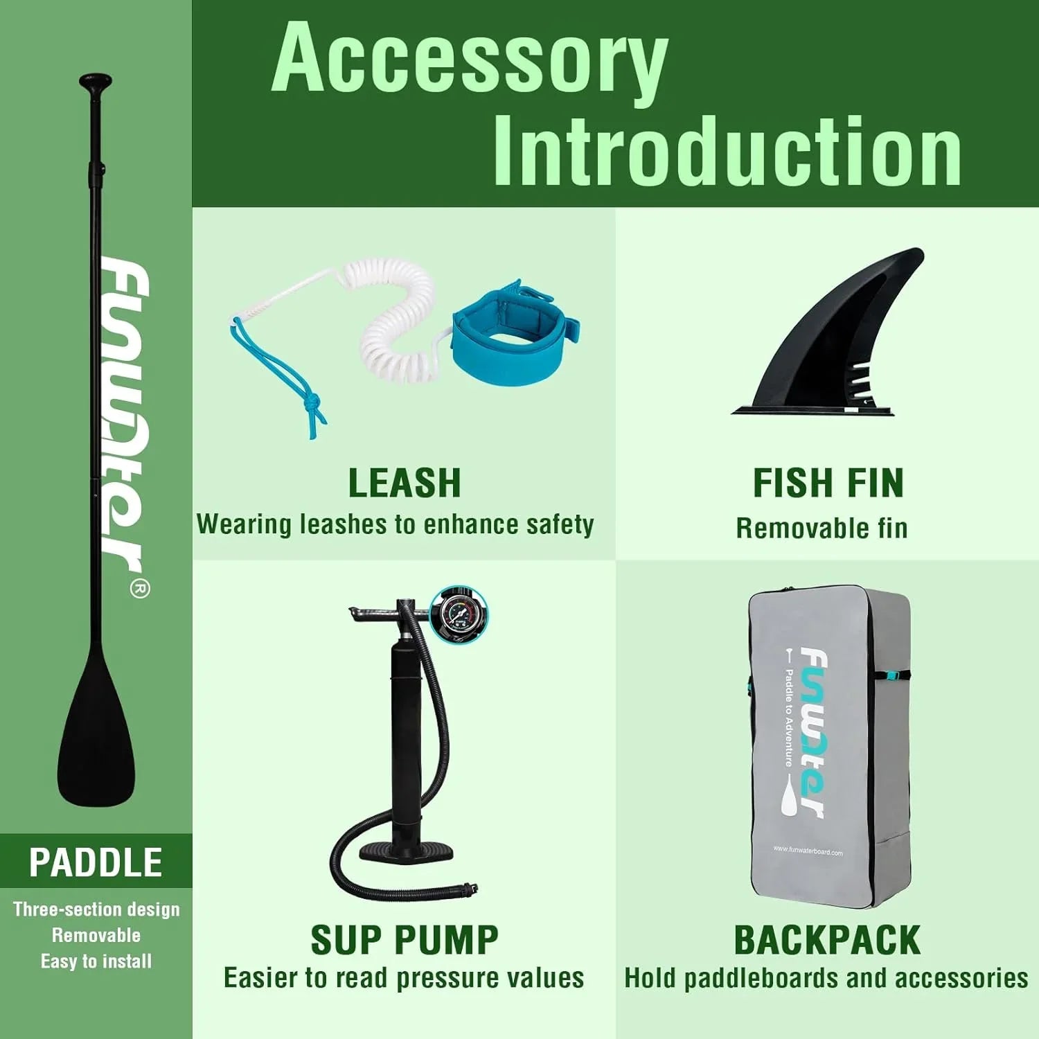 Planche de stand up paddle gonflable FunWater avec accessoires de pagaie SUP haut de gamme, pont EVA antidérapant, pagaie 11'/10'6'