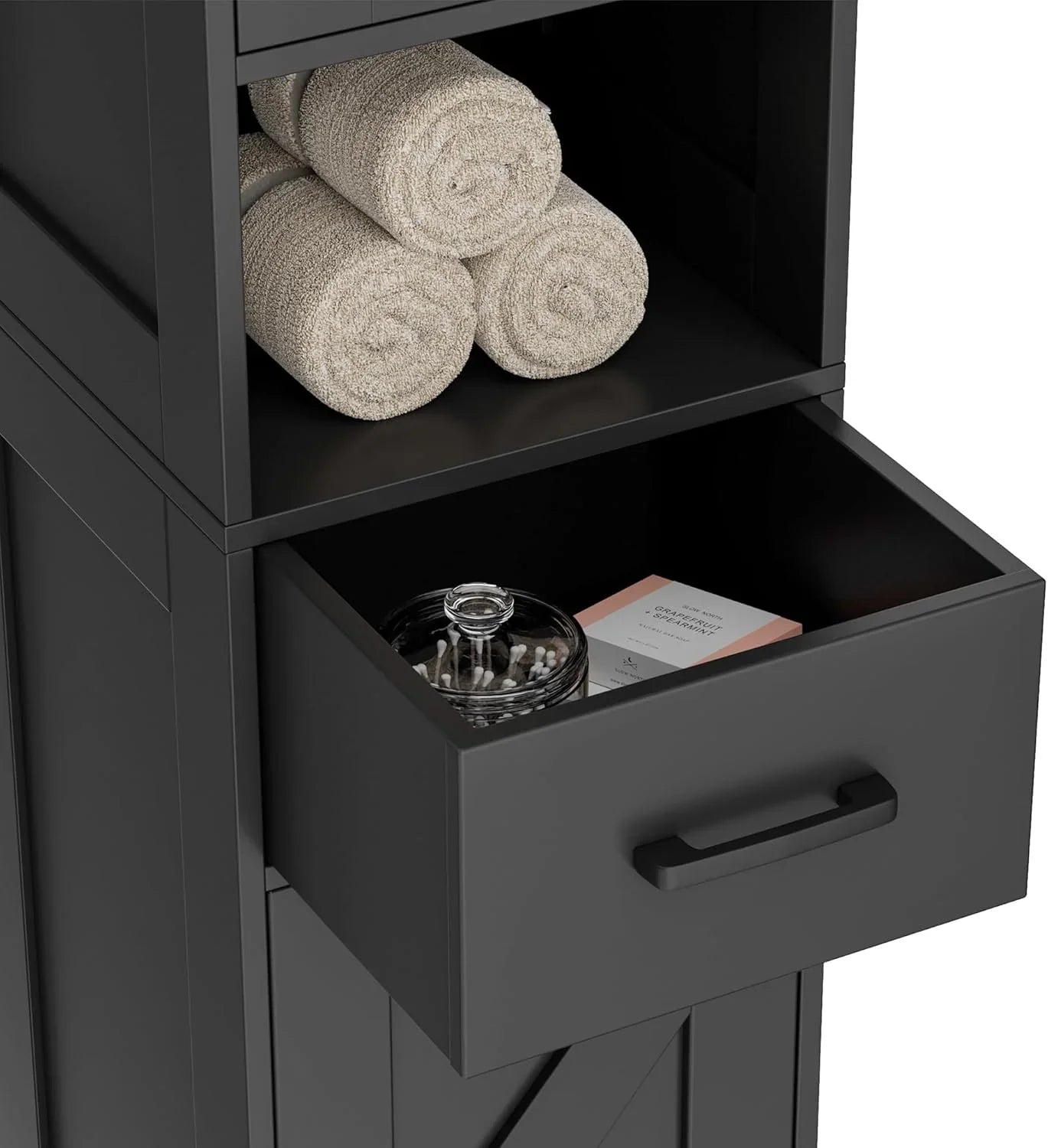 Meuble de rangement de salle de bain Homhedy de 67 po de hauteur avec 2 portes de grange et 1 tiroir