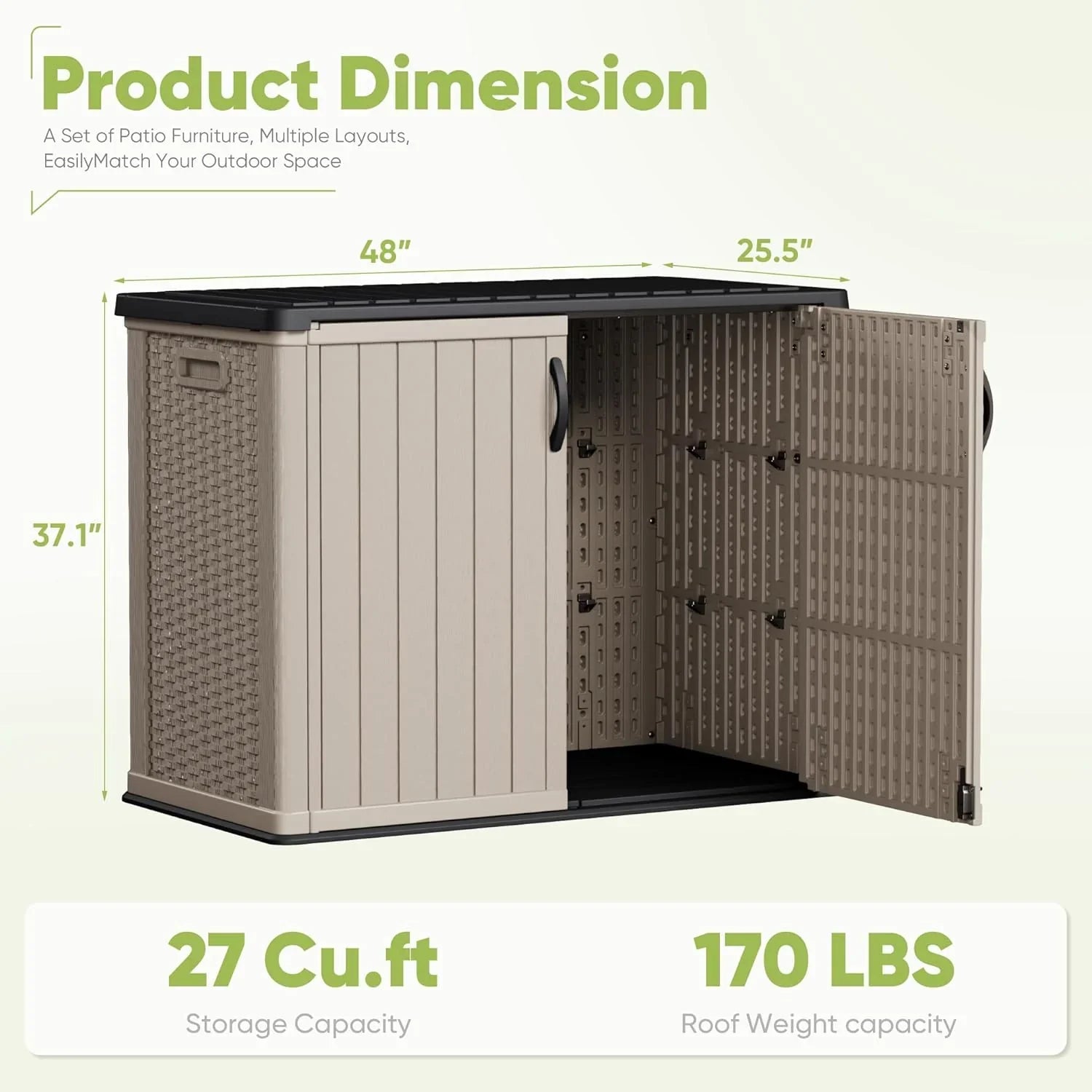 Armoire de rangement extérieure Devoko 26 pi³ avec portes verrouillables, abri de rangement horizontal, boîte de rangement étanche pour outils de patio