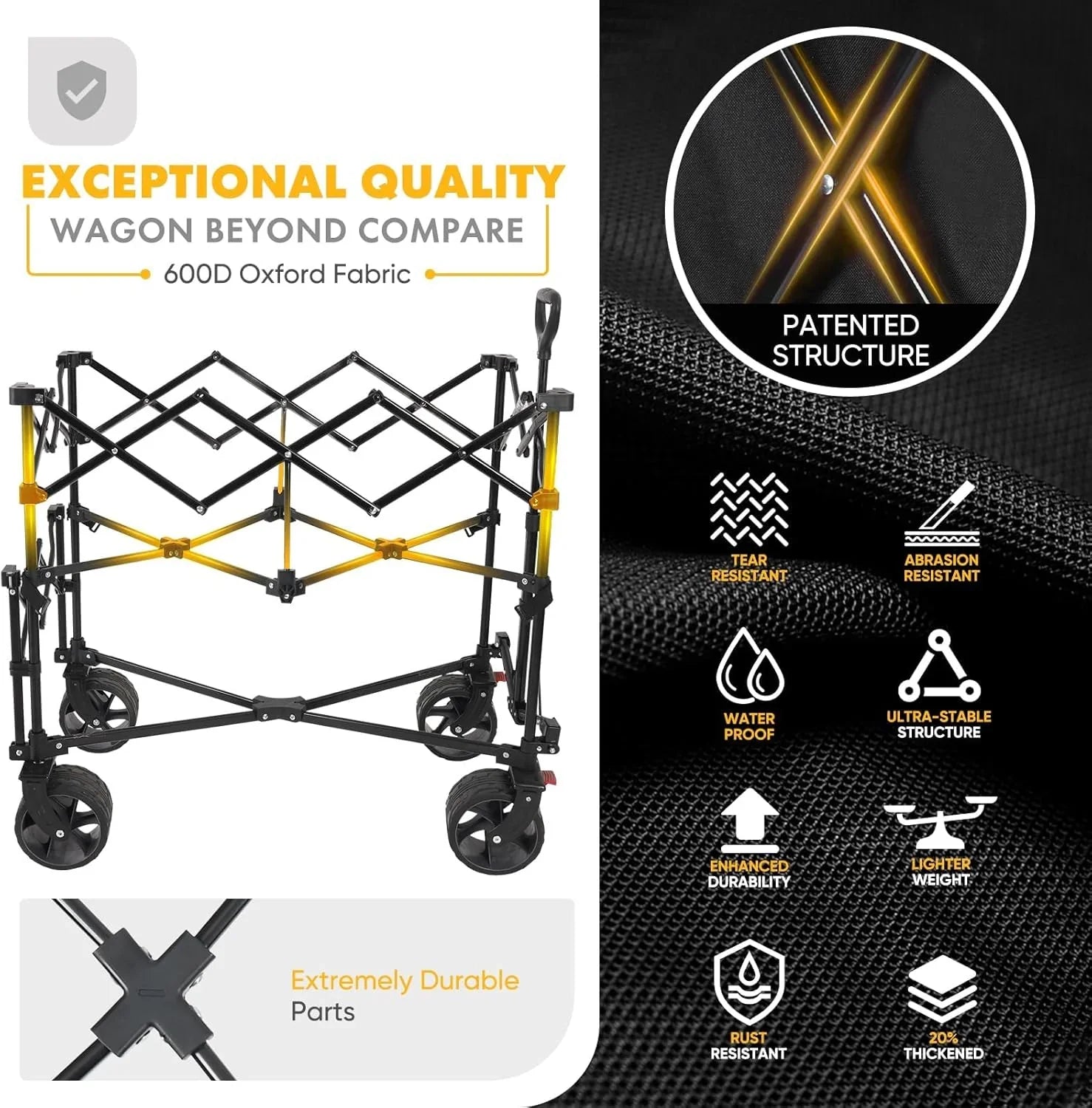 Chariot pliable à deux étages grande capacité de 400 L avec freins, chariot extensible extra long de 50 po, chariot pliable robuste de 500 lb.
