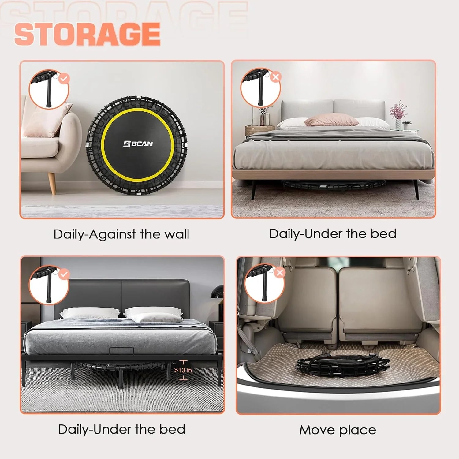 Mini-trampoline pliable BCAN 450/550 lb, trampoline de fitness 40"/48" stable et silencieux