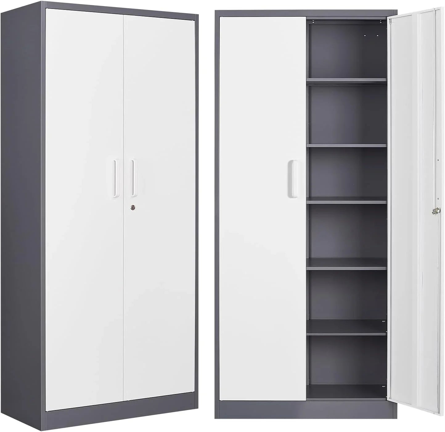 Armoire de rangement en métal avec 2 portes et 6 étagères, armoire en métal noir avec serrure, armoire de rangement verrouillable pour garage de 71 pouces