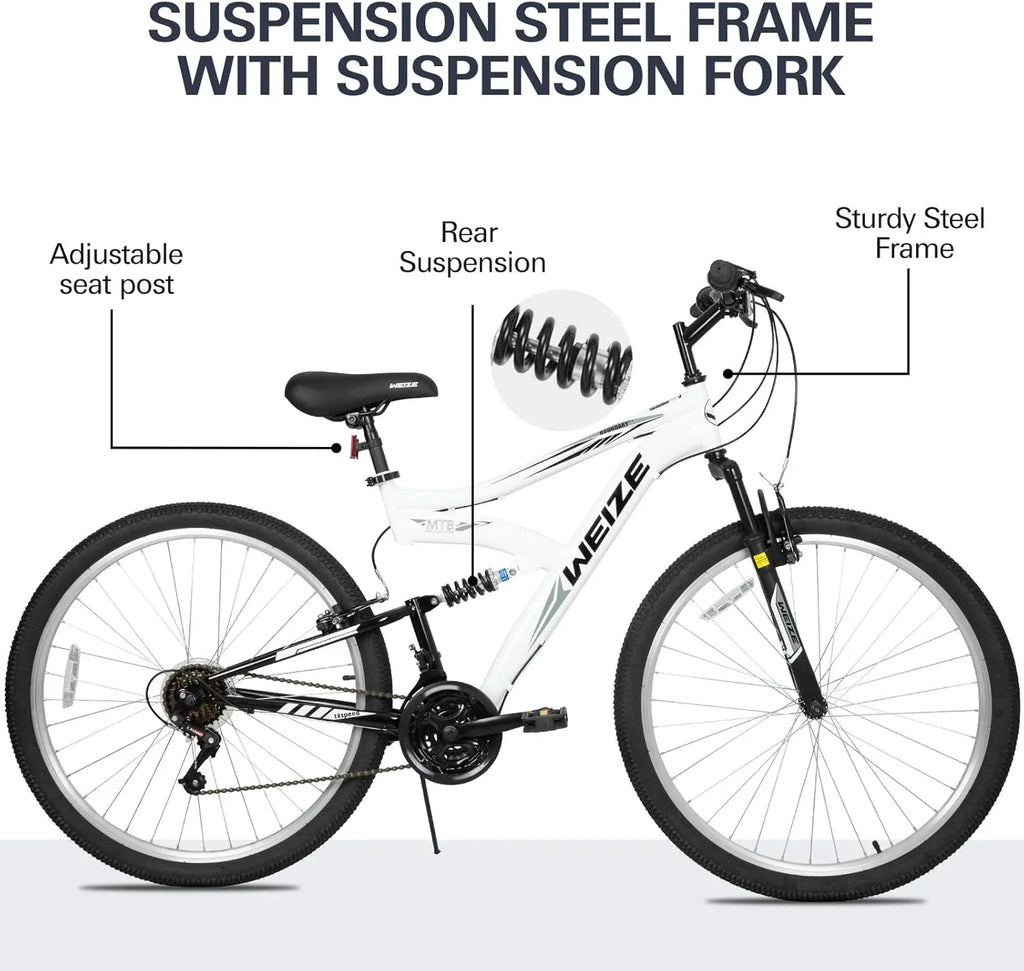 Vélo de montagne WEIZE, vélo hybride d'extérieur 26-27,5 pouces, 18 vitesses/acier à haute teneur en carbone/double suspension complète
