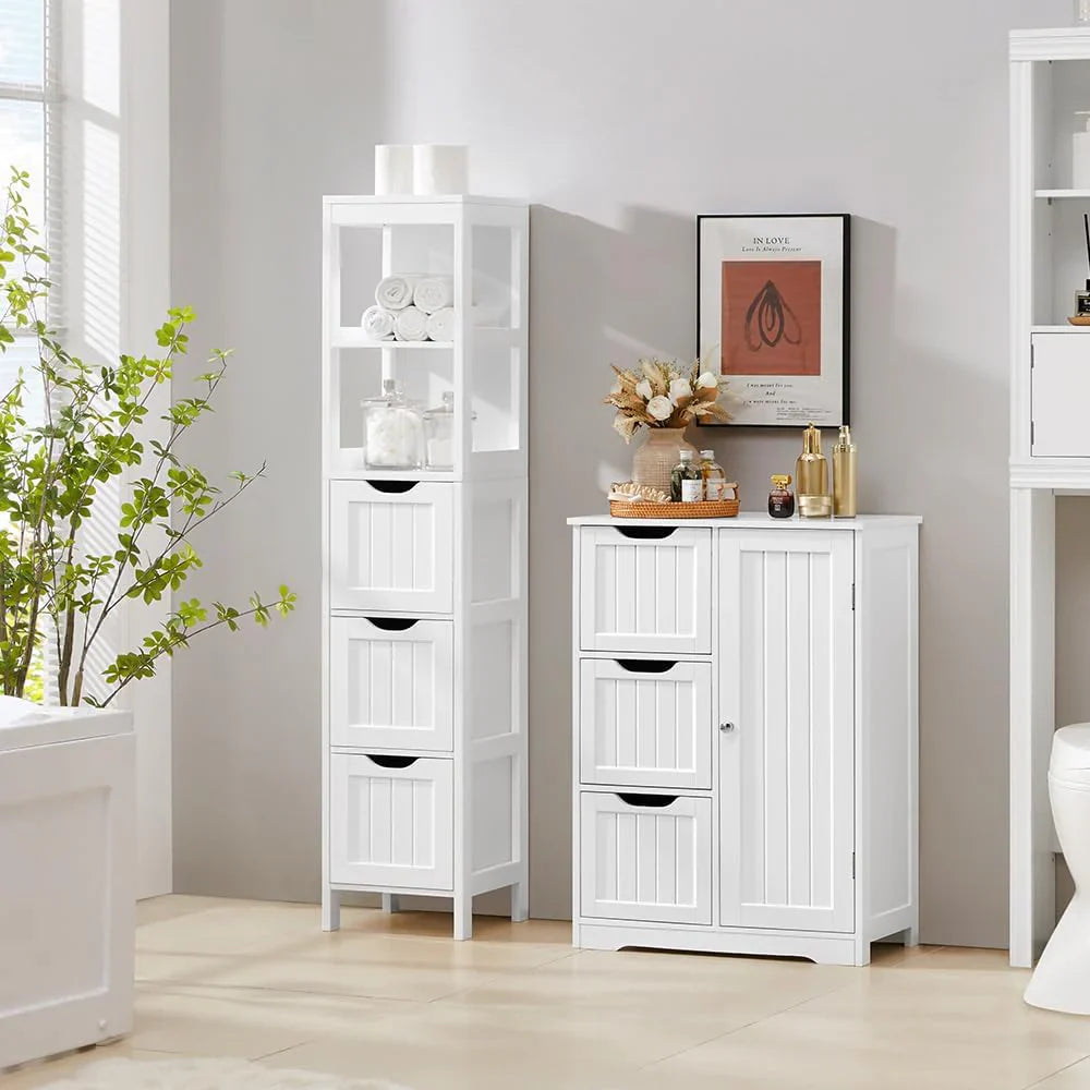 Meuble de salle de bain au sol, meuble de rangement en bois avec 2 tiroirs, support de rangement latéral multifonctionnel