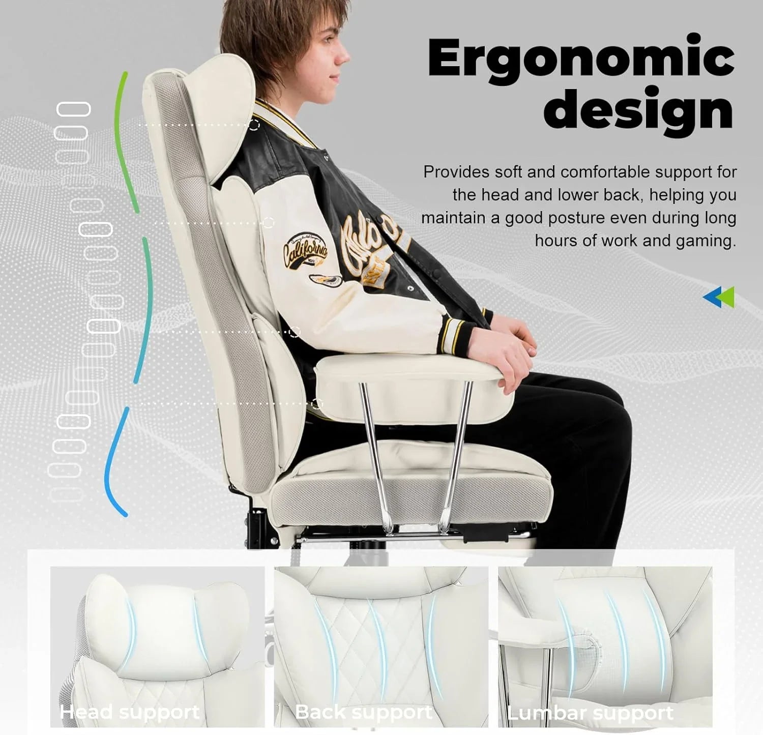 Grande chaise de bureau à dossier haut, chaise de jeu en cuir à dossier haut avec repose-pieds