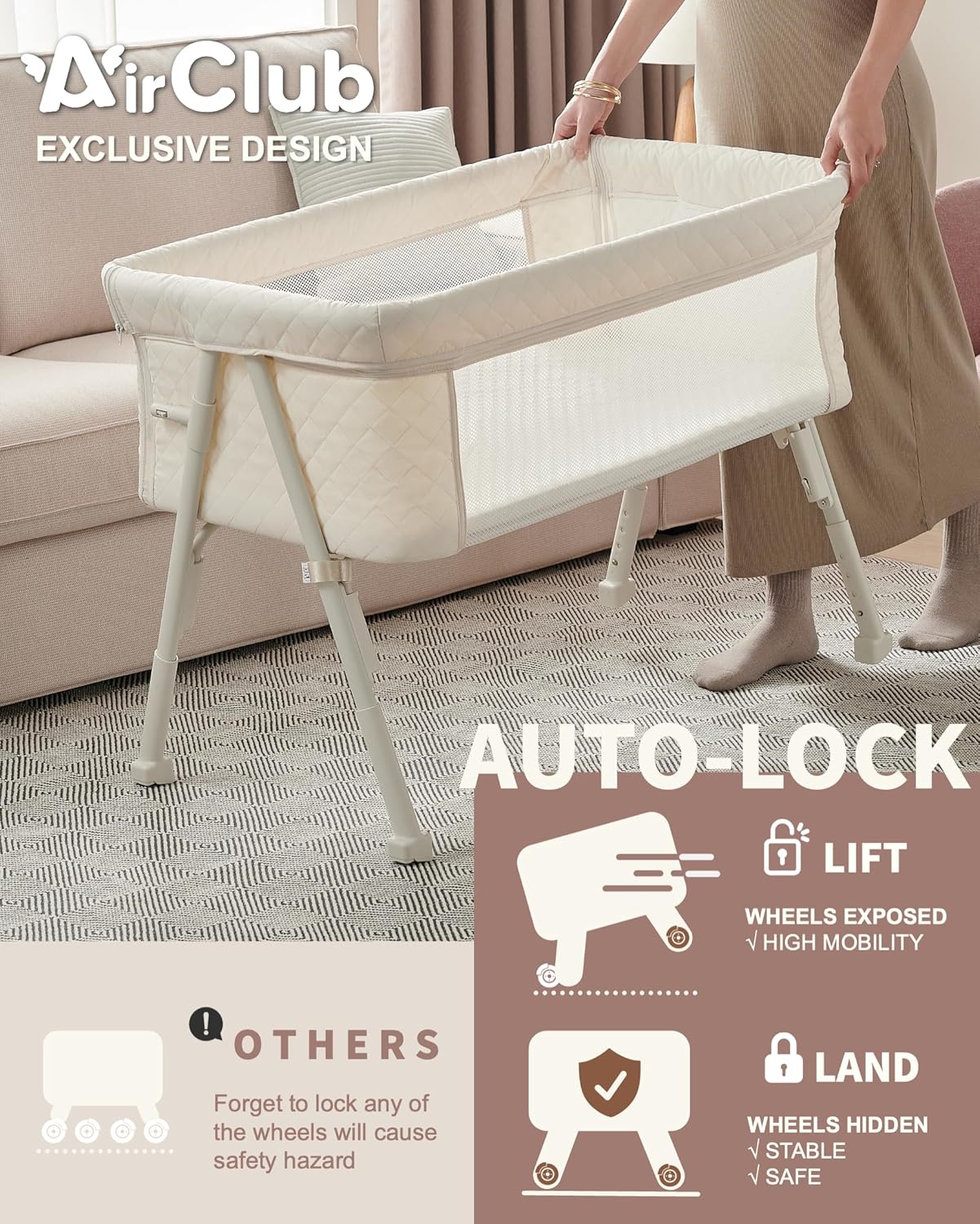 Berceau de chevet pour nouveau-né, berceau de chevet avec 4 positions de verrouillage automatique et hauteur réglable, maille respirante et matelas