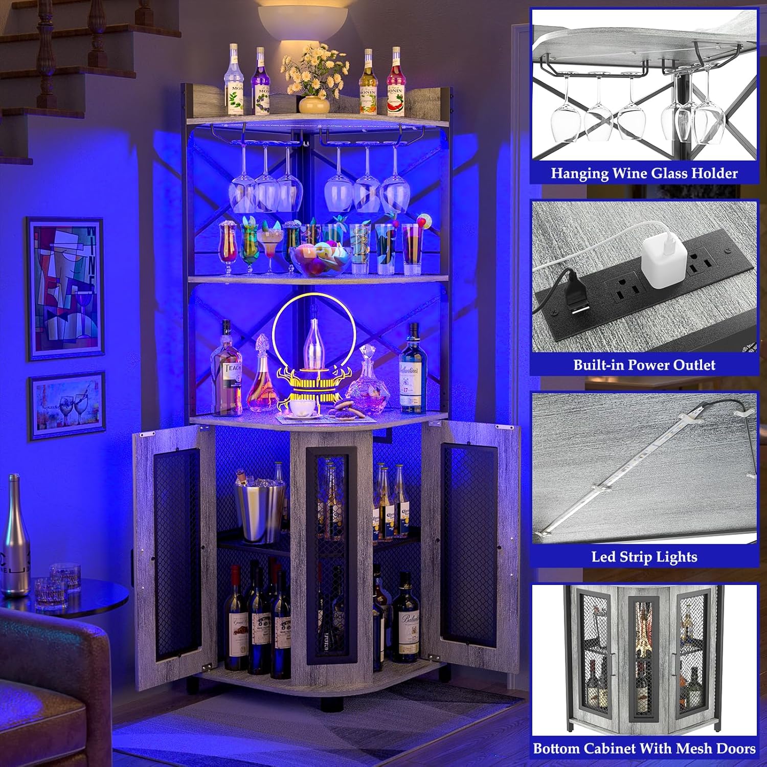 Meuble bar d'angle avec prise de courant, armoire à vin de style industriel avec bande lumineuse LED et support à verres, meuble bar à vin à cinq niveaux pour la maison, vitrine d'angle pour petit espace
