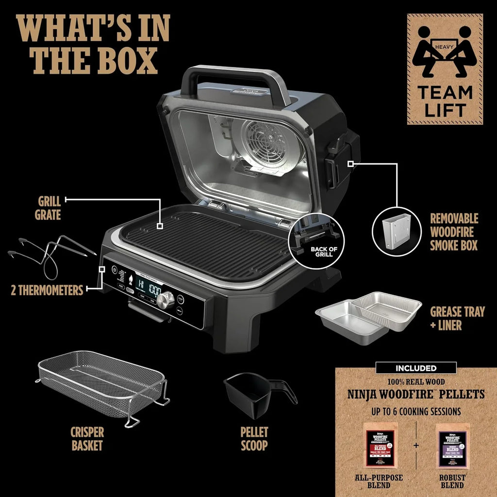 Ninja Woodfire Pro XL Barbecue et fumoir d'extérieur, thermomètre, gril principal 4 en 1