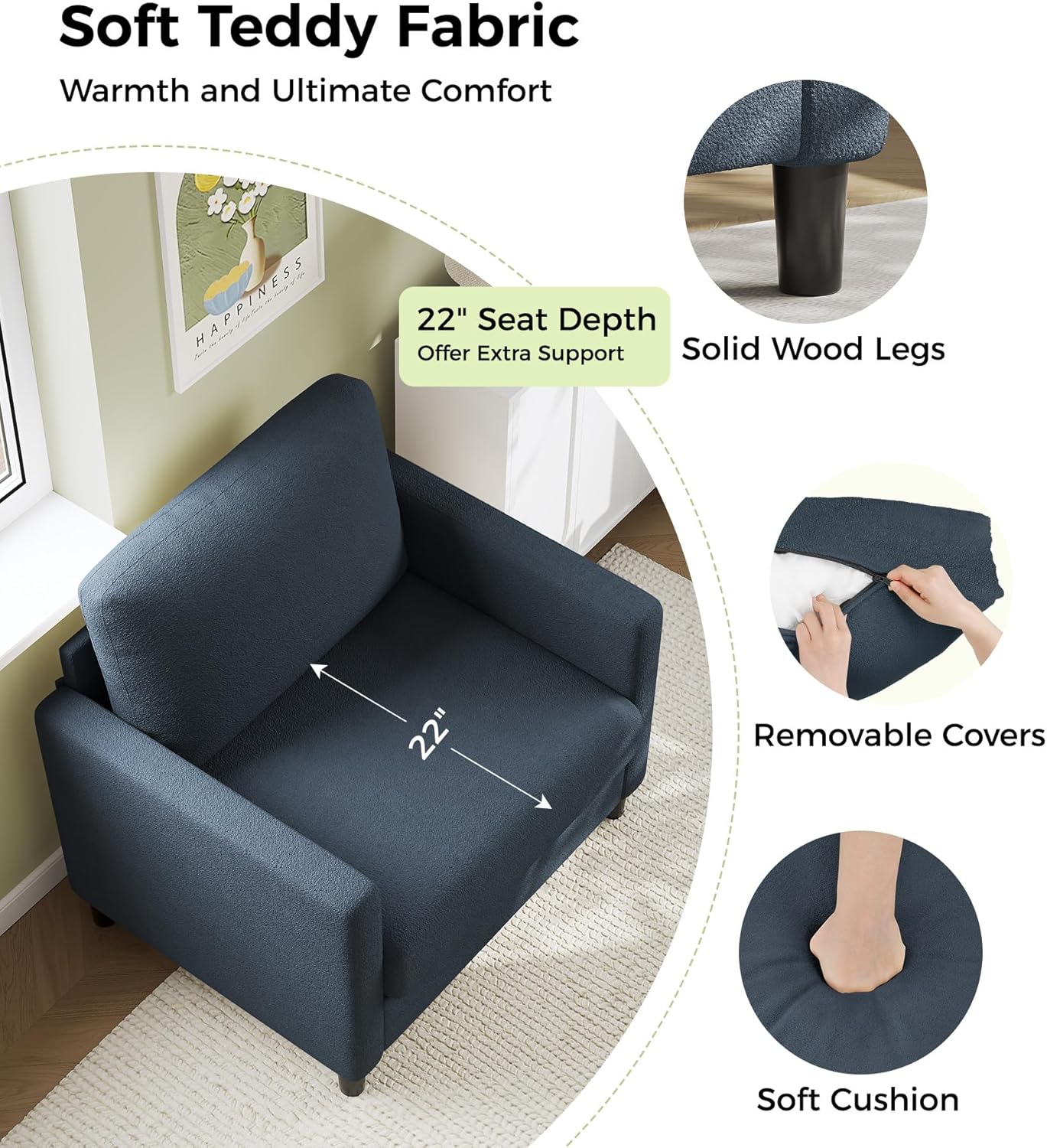 Causeuse de 51 pouces, causeuse confortable en velours côtelé