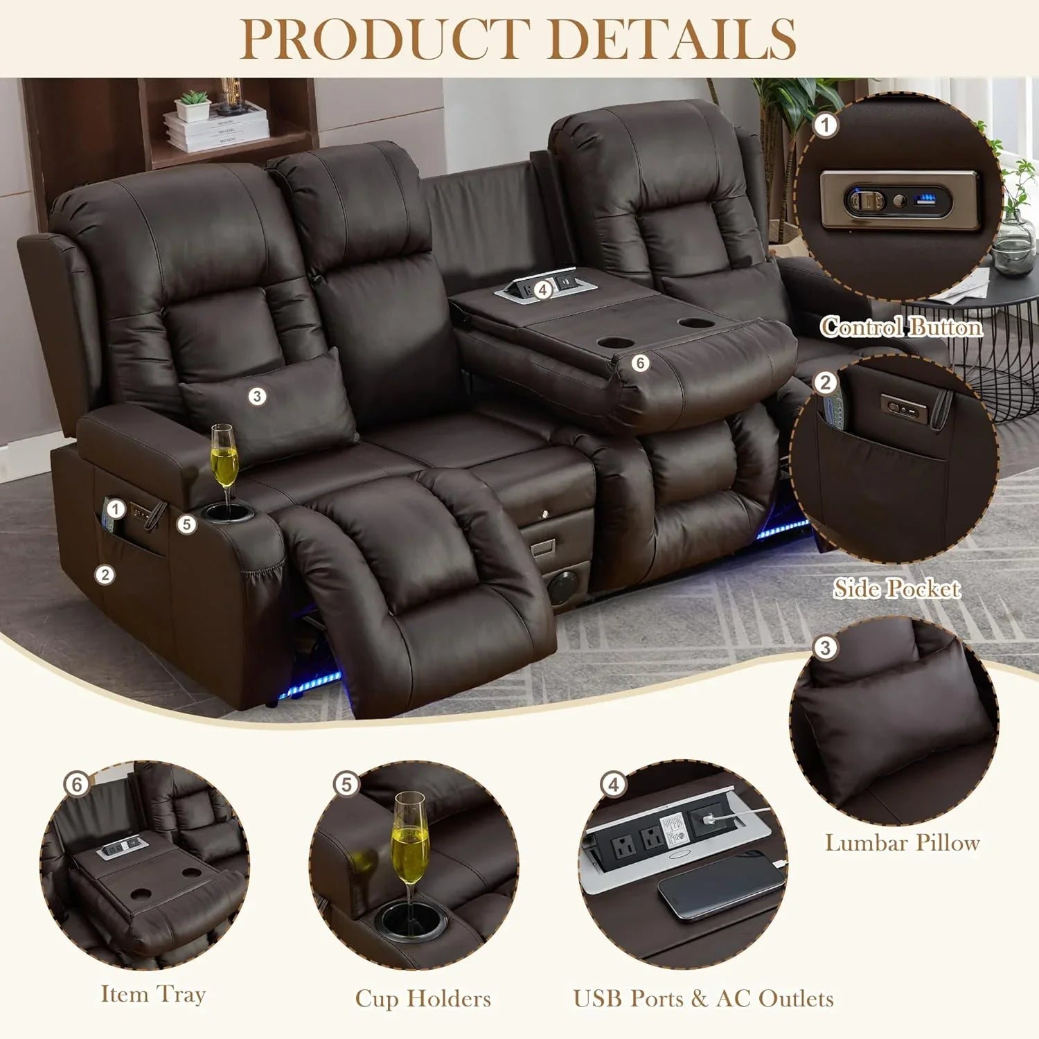 Canapé inclinable électrique TUNYI avec fonctions massage et chauffage, siège home cinéma avec console, canapé inclinable électrique pour camping-car
