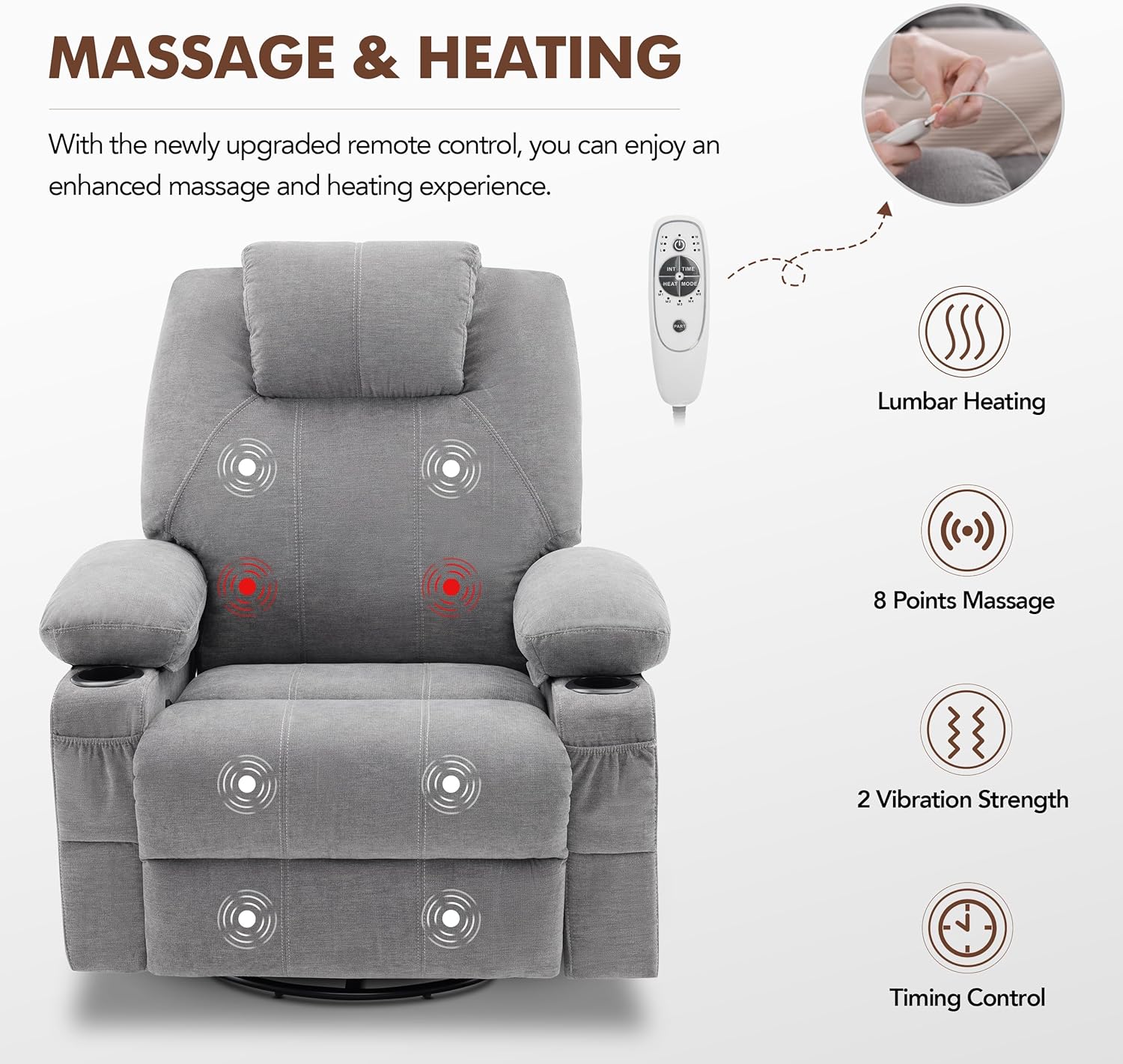 Grand fauteuil inclinable pivotant à bascule avec fonction chauffage et massage, canapé simple pivotant à 360 degrés