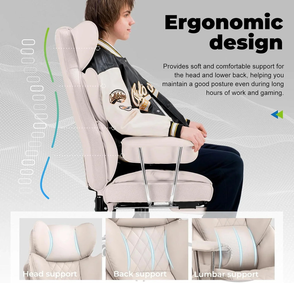 Grande chaise de bureau à dossier haut, chaise de jeu en cuir à dossier haut avec repose-pieds