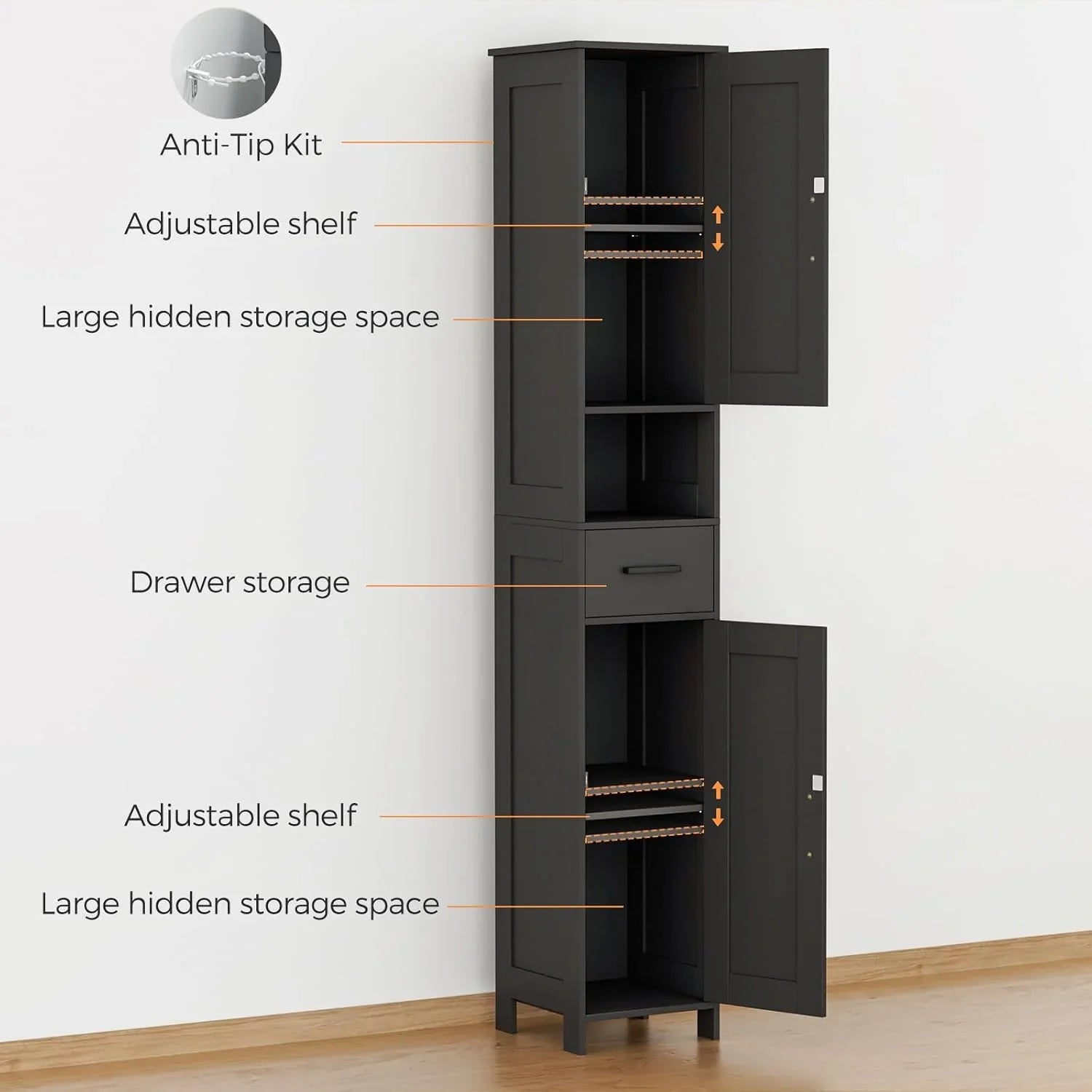 Meuble de rangement de salle de bain Homhedy de 67 po de hauteur avec 2 portes de grange et 1 tiroir
