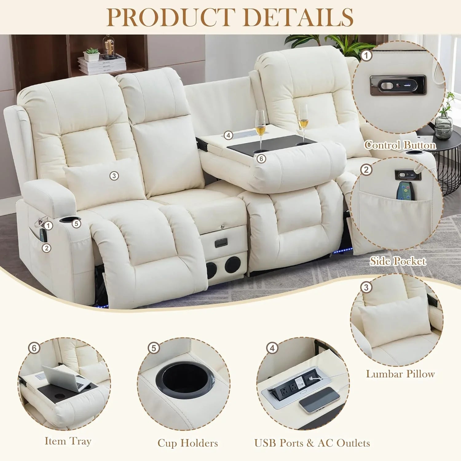 Canapé inclinable électrique TUNYI avec fonctions massage et chauffage, siège home cinéma avec console, canapé inclinable électrique pour camping-car