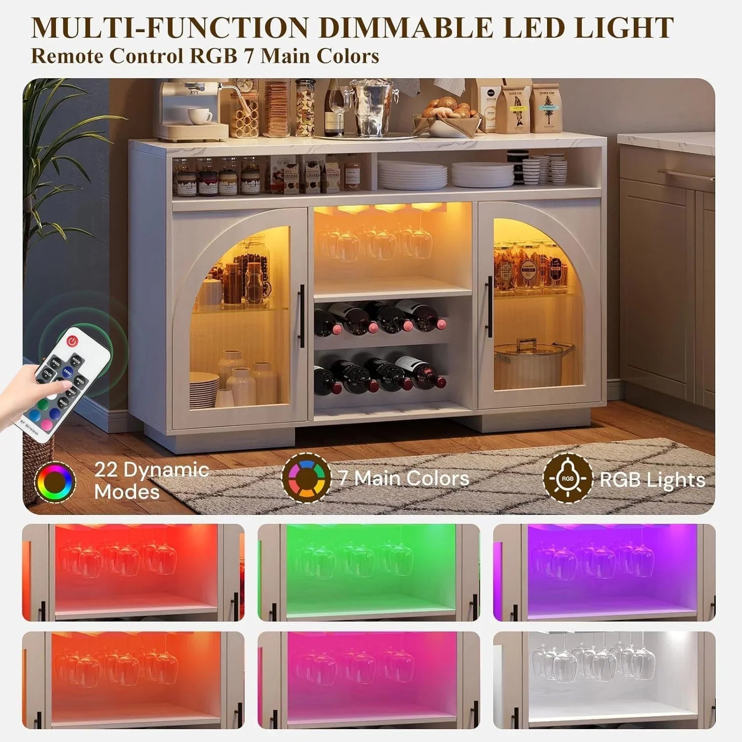 Buffet, armoire de cuisine de 54 pouces avec lumières LED et portes en verre cintrées, armoire de bar haute