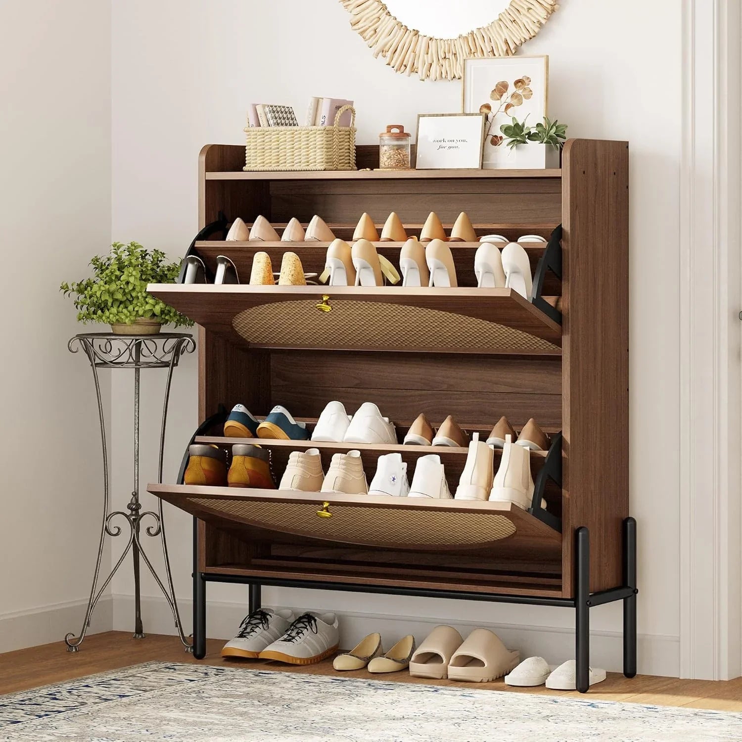 Meuble à chaussures IRONCK avec 2 tiroirs rabattables, meuble de rangement à chaussures indépendant en bois