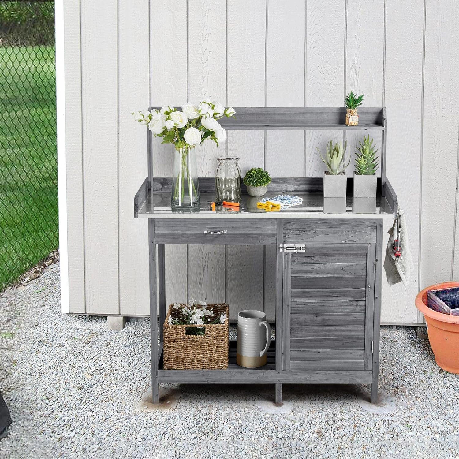 Yaheetech Banc de jardin extérieur avec plateau en métal et tiroir, étagère ouverte, bois naturel